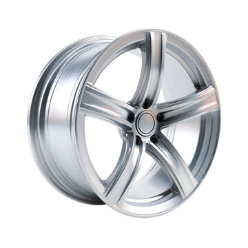 Modern silver alloy car wheel rim perspective angle view isolated metallic automotive replacement part for garage maintenance shop transparent background png