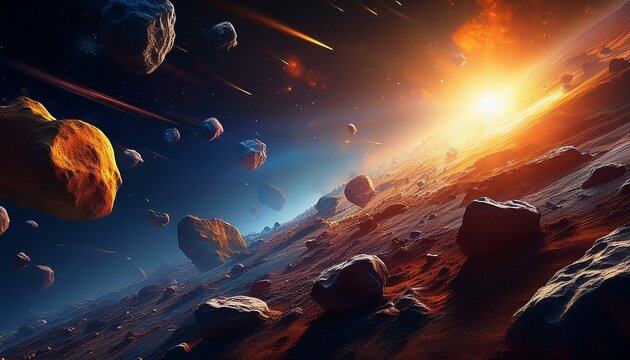 kuiper belt asteroids and meteorites in space with sunlight illuminating the scene