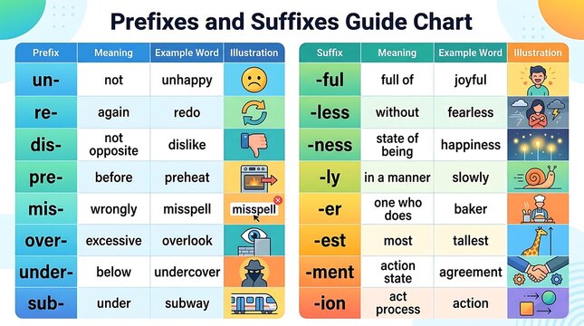 Prefixes and suffixes educational guide chart with icons