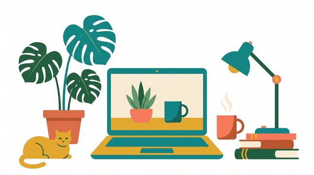 Home office desk with laptop. Cozy workspace illustration with plant and cat.