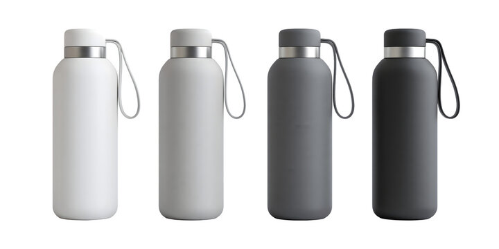 Reusable matte water bottle set isolated blank sports flask thermos mockup for travel fitness drinkware branding transparent background png