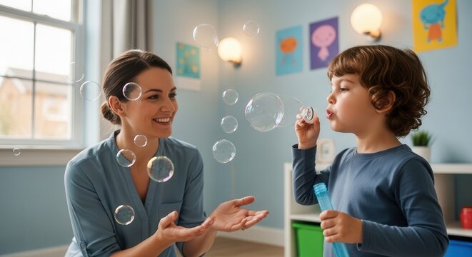 A cheerful adult and young child joyfully blowing and popping large, colorful bubbles together in a bright, playful indoor setting with natural light and vibrant decorations.
