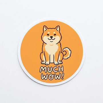 Shiba Inu Dog Sticker: A charming illustration of a happy Shiba Inu dog sitting and looking forward, with the text MUCH WOW! below it, all set against a vibrant orange circle.