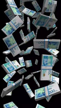 Vertical Israel Money, Falling Israeli Shekel Bills Black Background, Premium High-Tech Tel Aviv Finance Cash Stacks, 4K