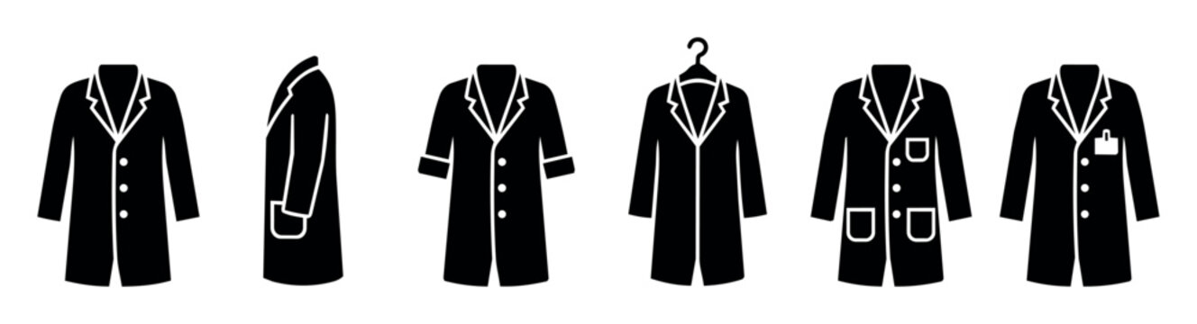 Set of black silhouette vector illustrations of different professional coats and jackets including lab coat, trench coat, and workwear for medical and business roles