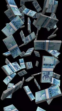 Vertical Belize Money, Falling Belize Dollar Bills Black Background, Premium Caribbean Offshore Belize Finance Cash Stacks, 4K