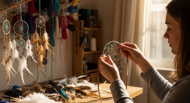 A focused artisan meticulously crafts a handmade dreamcatcher with intricate beadwork and delicate feathers in a cozy, sunlit creative workspace filled with colorful yarns and finished decorative.