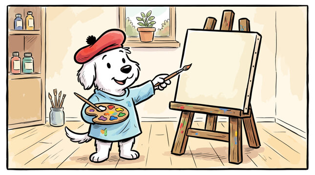 Cartoon dog artist painting on canvas in studio.