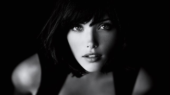 Dramatic black and white portrait of a mysterious woman with piercing eyes, short dark hair, and subtle makeup, looking directly at the viewer with an intense gaze