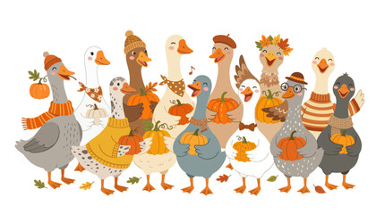 A group of cute cartoon geese wearing autumn clothes and holding pumpkins celebrating the harvest season in a festive illustration © Shuvo