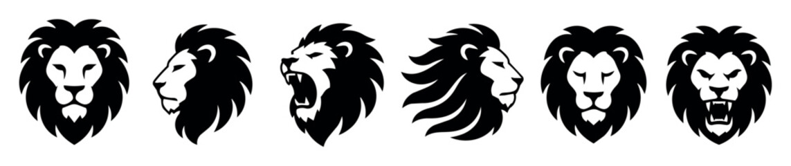 Fototapeta premium Lion head silhouette vector set with multiple lion face expressions and mane styles, including roaring, profile and frontal views, stylized wildlife animal icons for and branding designs