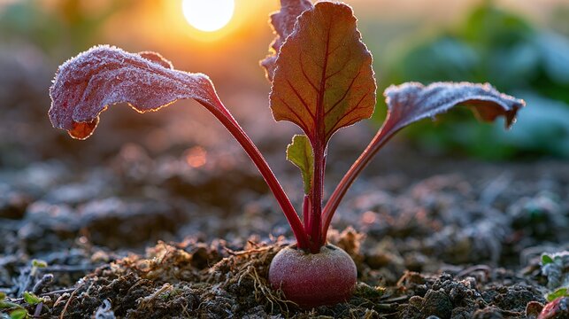 Close up of a vibrant red beet seedling, also known as Beta vulgaris, emerging from the frosty soil at dawn with a golden sun flare in the background, showcasing nature's resilience