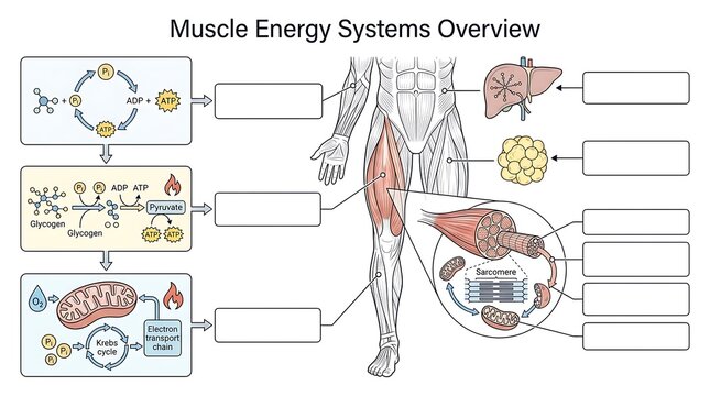 Muscle energy systems overview diagram with metabolic pathways