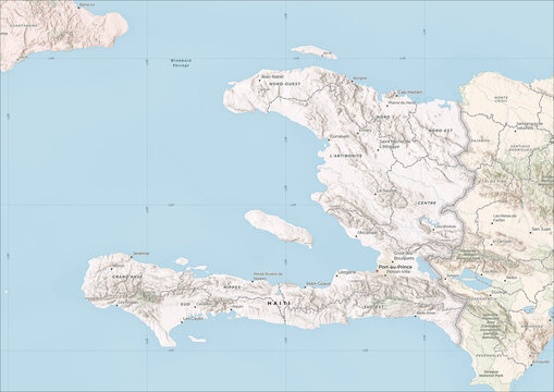 Highly Detailed Political and Physical Map of Haiti with Shaded Relief and Neighboring Countries