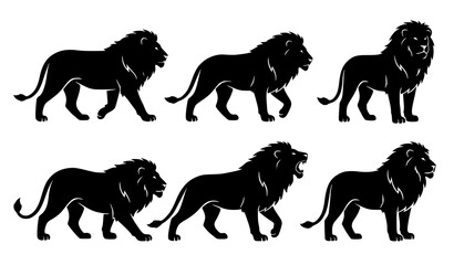 Black Lion Silhouette Set Featuring Majestic Wild Cats Walking Roaring and Standing Poses for Safari Wildlife Badges Logos and Graphic Designs © Munna