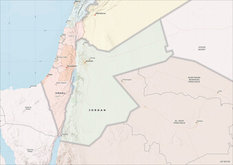 Fototapeta premium Highly Detailed Political and Physical Map of Jordan with Shaded Relief and Neighboring Countries
