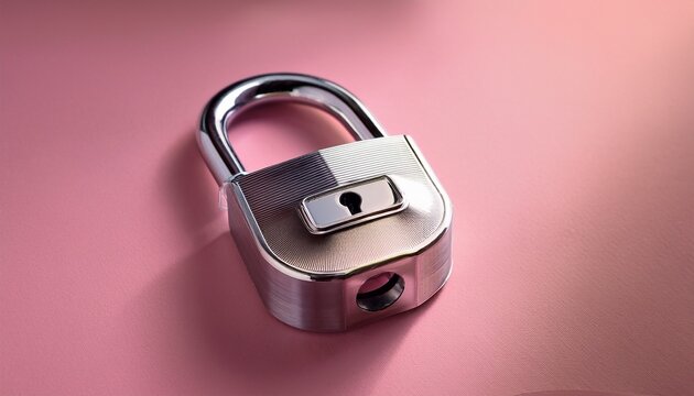 gleaming chrome padlock angled on a soft pink surface its keyhole visible light reflects off the metal creating highlights and shadows