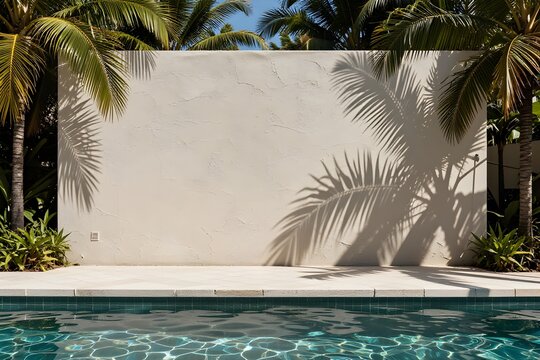 Tropical summer background with plaster wall, pool water and palm shadow. Luxury hotel resort poolside scene mockup template. Beach vacation holiday house with neutral architecture aesthetic.