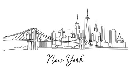 Fototapeta premium New York City Skyline One Line Drawing with Brooklyn Bridge, White Background