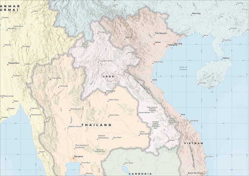 Highly Detailed Political and Physical Map of Laos with Shaded Relief and Neighboring Countries