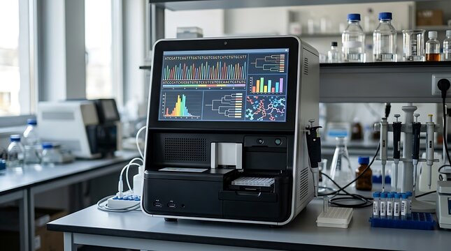 Modern dna sequencer displaying genetic analysis data in a lab