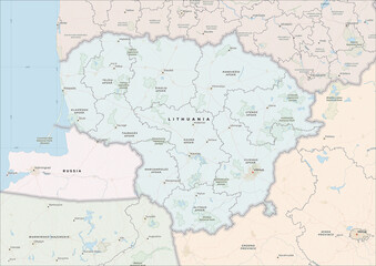Fototapeta premium Highly Detailed Political and Physical Map of Lithuania with Shaded Relief and Neighboring Countries