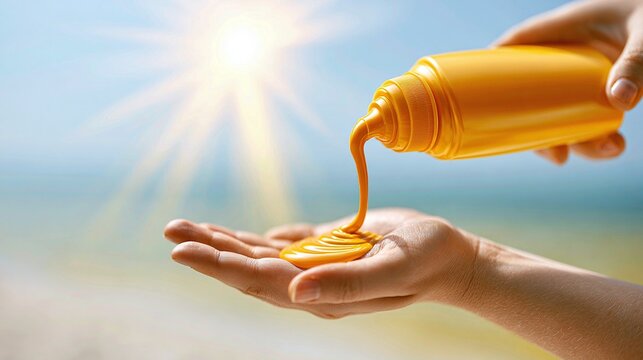 Bright sunrays illuminate a vibrant scene as a person carefully dispenses a rich, orange-hued lotion from a yellow bottle into their open hand, symbolizing sun protection and care