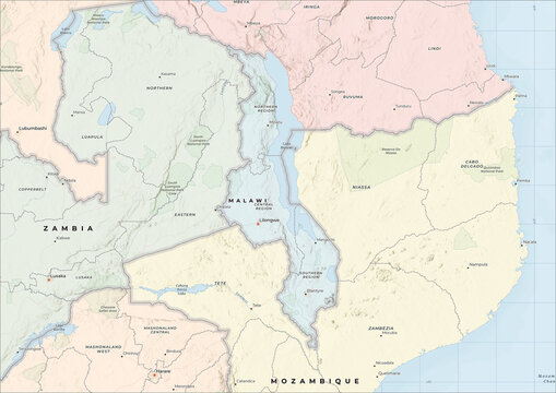 Highly Detailed Political and Physical Map of Malawi with Shaded Relief and Neighboring Countries