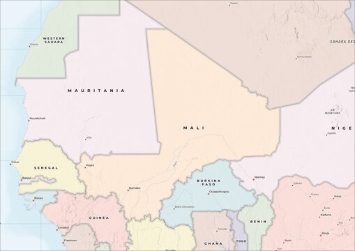 Highly Detailed Political and Physical Map of Mali with Shaded Relief and Neighboring Countries