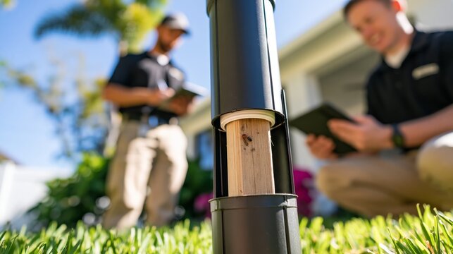 Termite bait station cartridge with monitoring activity and pest control technicians behind. Concept of structural termite control.