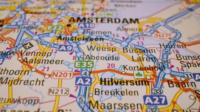 Utrecht to Amsterdam, Netherlands road network, gliding macro view over atlas map