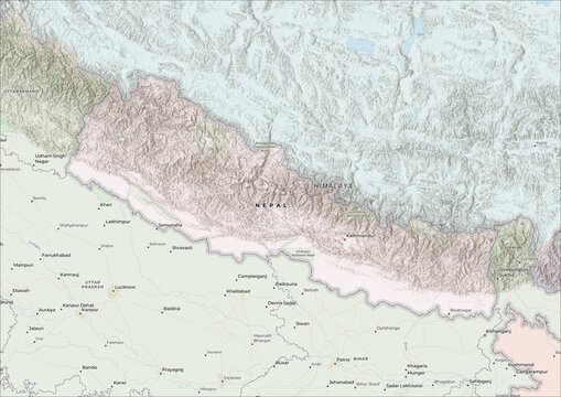 Highly Detailed Political and Physical Map of Nepal with Shaded Relief and Neighboring Countries