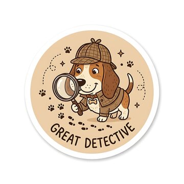 Little Detective Dog with Magnifying Glass: A charming cartoon beagle dressed as a detective, complete with a deerstalker hat and tweed coat, examines paw prints with a magnifying glass.