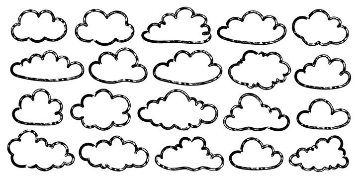 Marker cloud icon collection with hand drawn doodle outlines. Cute weather symbols for journals, planners, classroom materials, stickers, scrapbooking and modern vector projects.