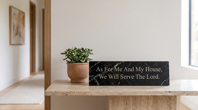 Modern home interior featuring a Christian quote plaque on a console table, offering ample copy space for advertising.