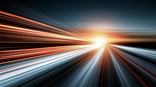 Dynamic light streaks create an abstract, high-speed tunnel effect, with vibrant orange and cool blue lines converging towards a brilliant, glowing center