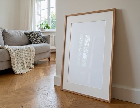 Large blank wooden picture frame in modern Scandinavian living room with minimalist furniture, neutral sofa, patterned cushion, cozy knitted throw and indoor plants