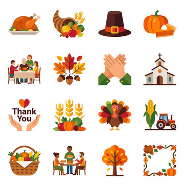 thanksgiving autumn harvest holiday icons set illustrating traditional fall season elements and family gathering concepts.