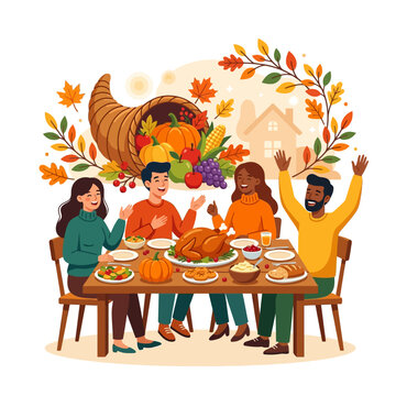 thanksgiving dinner with happy family and friends celebrating a festive autumn holiday meal at home surrounded by a bountiful cornucopia.