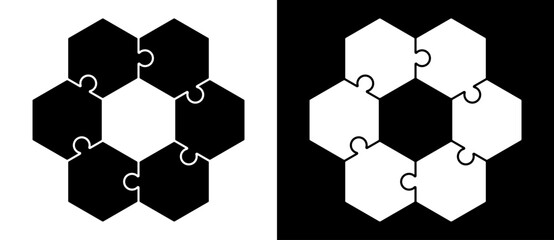 Naklejka na ściany i meble Six hexagon puzzle pieces connected in a circular pattern with hollow hexagonal center, shown in black and white inverted versions, teamwork collaboration concept icon illustration.