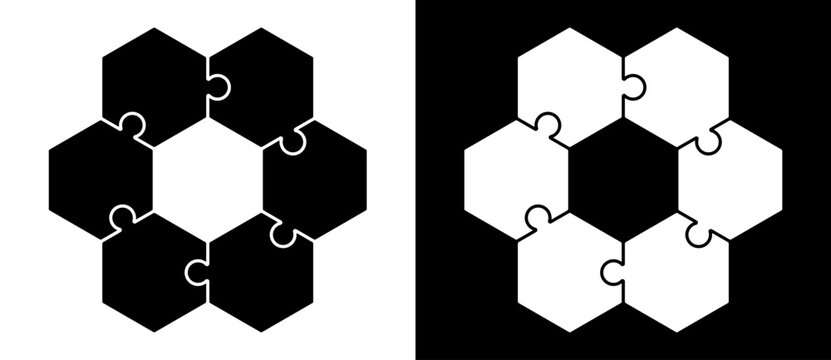 Six hexagon puzzle pieces connected in a circular pattern with hollow hexagonal center, shown in black and white inverted versions, teamwork collaboration concept icon illustration.