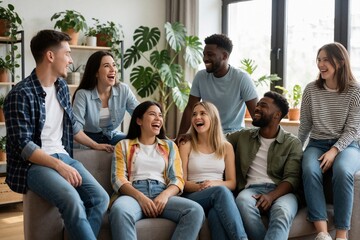 Fototapeta premium Diverse Group of Friends Laughing Together in Modern Plant-Filled Apartment