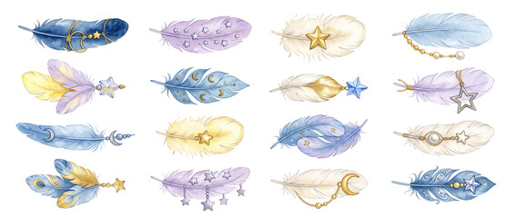 Obraz premium Watercolor celestial feathers clipart set featuring magical boho feathers with gold moon star charms for dreamcatcher craft, mystic fantasy artwork elements isolated on dark background.