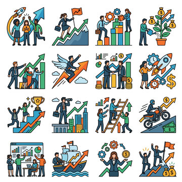 business success illustration of team celebrating and climbing up graph arrows
