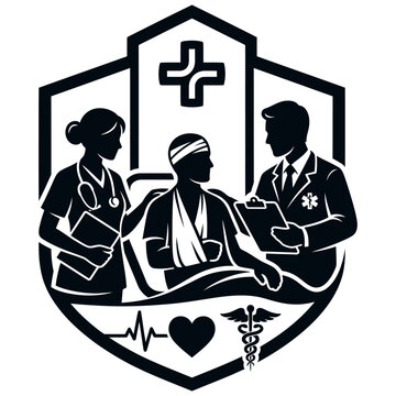 healthcare professionals tending to injured patient in hospital setting with medical symbols