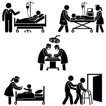 medical professionals providing patient care in a hospital setting with surgery and recovery scenes