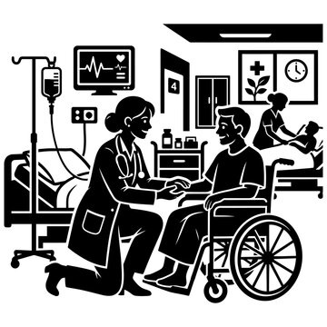 doctor caring for patient in wheelchair in hospital room healthcare concept