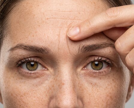 Woman pointing to forehead wrinkles and fine lines