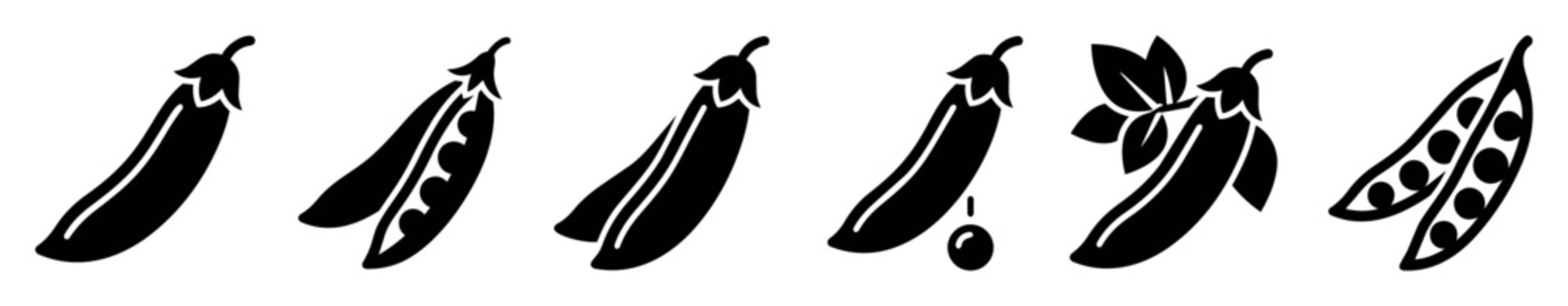Icons featuring chili peppers and various styles of pea pods including single pepper, split pods, pods with peas, and decorative leaves in black silhouette