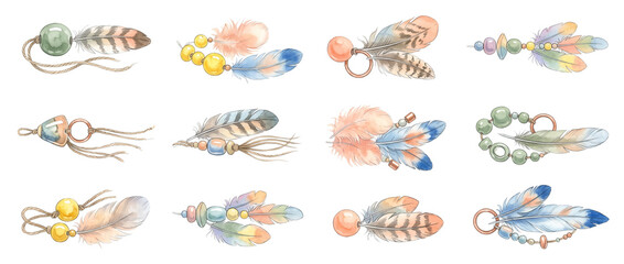 Obraz premium Boho feather jewelry beads set featuring watercolor bohemian style charms, tribal pendants, native accessories, and decorative plumage elements for craft design, pattern creation, and ethnic art.